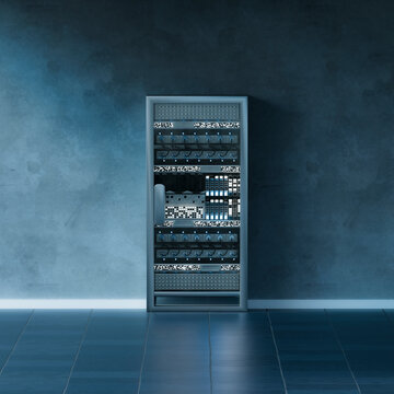 3D standalone server rack on minimalist blue wall