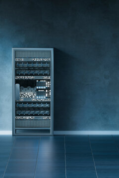 3D isolated server cabinet beside vertical blue copy space