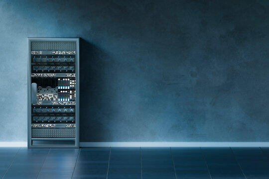 3D server tower on blue wall with wide cybersecurity copy space