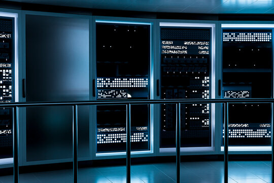 3D curved server rack wall behind metal data center railing