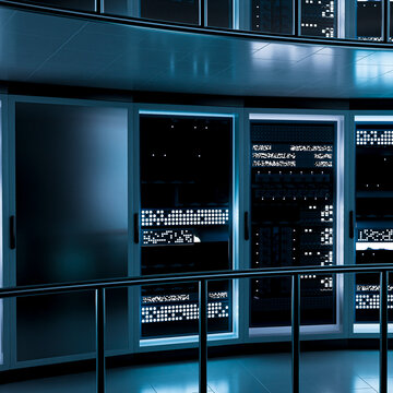 3D layered server gallery with curved balcony architecture