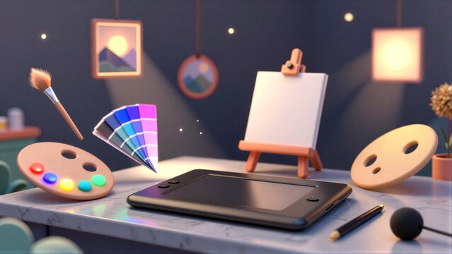 Digital art setup with tablet, palette, brushes and colorful tools under warm lights.
