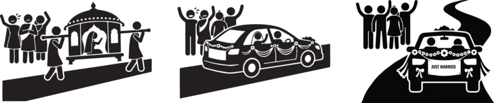 Indian Wedding Transport Icons Set, Traditional Doli Palanquin and Decorated Car Vectors, Black Pictograms