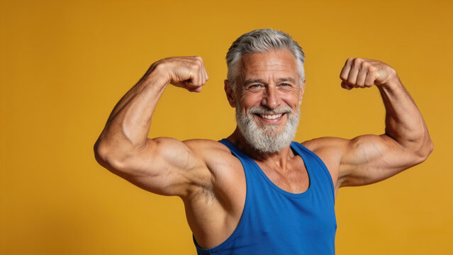 Senior man flexes his arms and smiles. An athletic older adult poses in a tank top against a studio background. Healthy aging and fitness motivation concept.