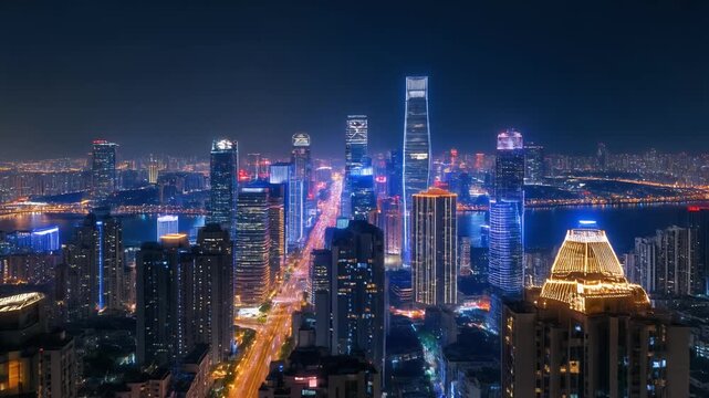A modern cityscape at night, illuminated by vibrant lights and bustling traffic.