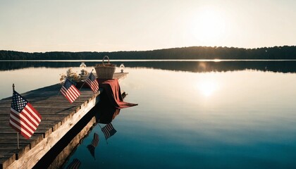 Fototapeta premium American flags on a dock at sunrise