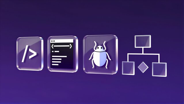 Code, bug detection, and system architecture icons on a purple background.