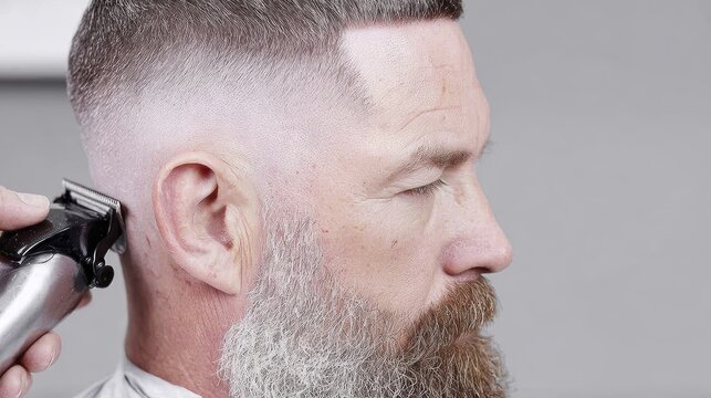 Man with stylish beard and fresh haircut receiving trimming with electric clipper
