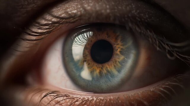 Extreme close-up of a human eye showing iris detail, eyelashes, and reflections in a triptych.