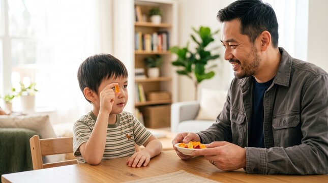 A father gives a child a gummy vitamin at home. A bright dining room shows family care and healthy nutrition. Pediatric wellness concept for healthcare education.