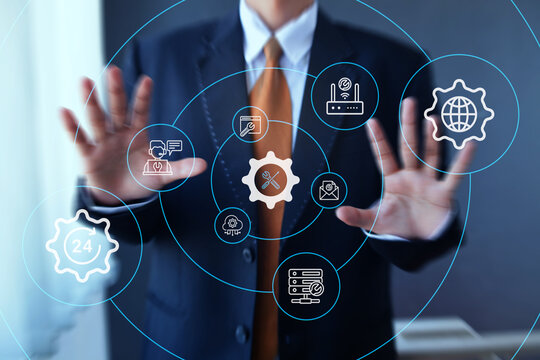 Businessman Raising Both Hand at Floating Digital Technical Support Hologram Network Icon