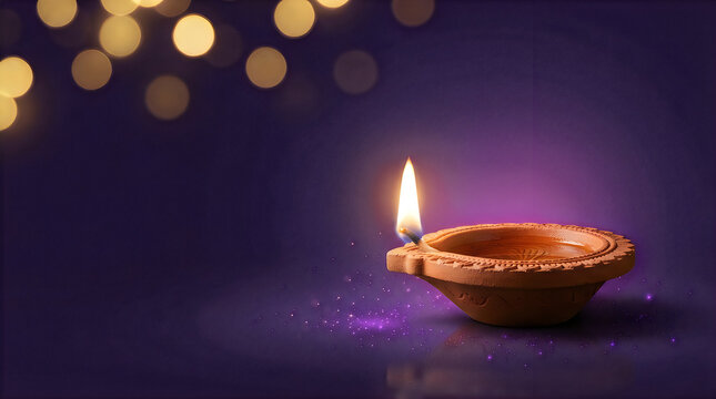 A beautiful glowing diwi diya oil lamp placed on a dark purple background with soft golden bokeh lights for festival celebration