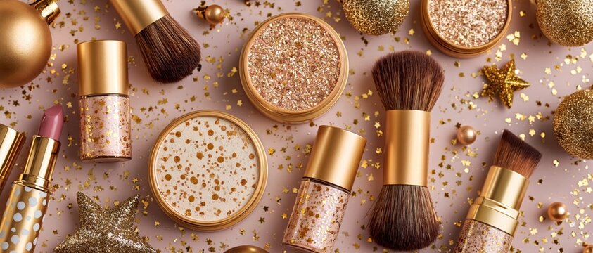 A flat lay of gold makeup brushes, glitter cosmetics, and holiday ornaments on a pink background.