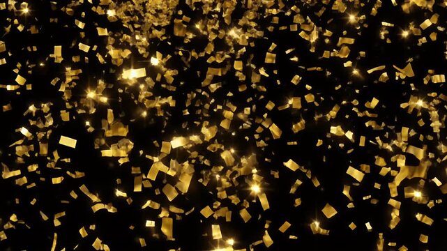 Golden confetti falling against a black background.