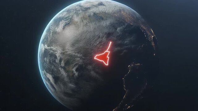 A digital representation of Earth at night highlights a specific region glowing in red, symbolizing focus or a detected area within the planet's vastness.