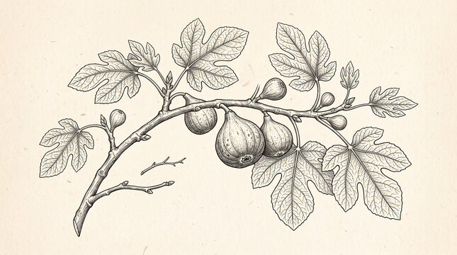 Vintage botanical line art illustration of fig tree branch with ripe figs and leaves on parchment paper background