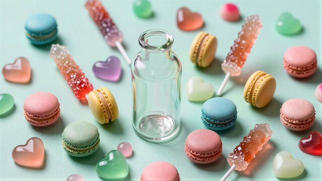 Pastel macarons, gummy hearts, and candy sticks surround a clear glass bottle.