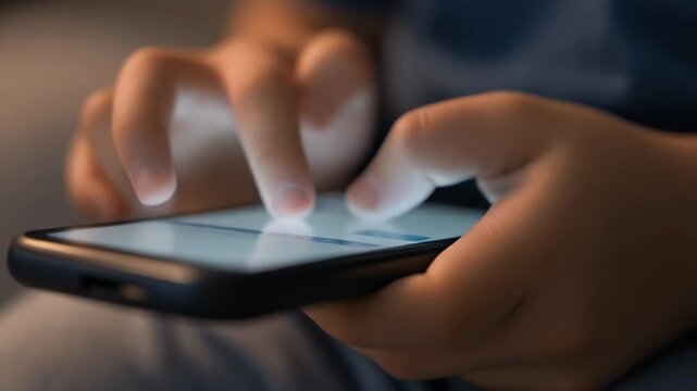 Close-up of hands using a smartphone, with fingers touching the screen.