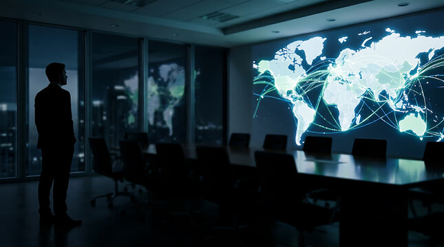 Video of a businessman in a dark boardroom looking at a large glowing global network map projection on the wall