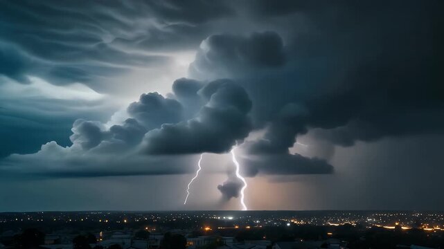 Dramatic storm clouds with lightning strikes illuminate the sky.