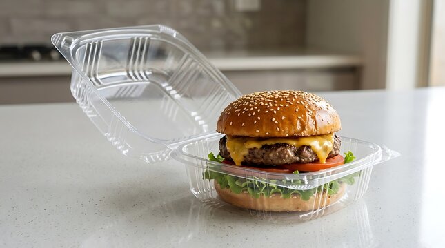Fresh delicious beef cheeseburger inside a clear plastic takeout food container on a kitchen counter 
clamshell packaging burgers