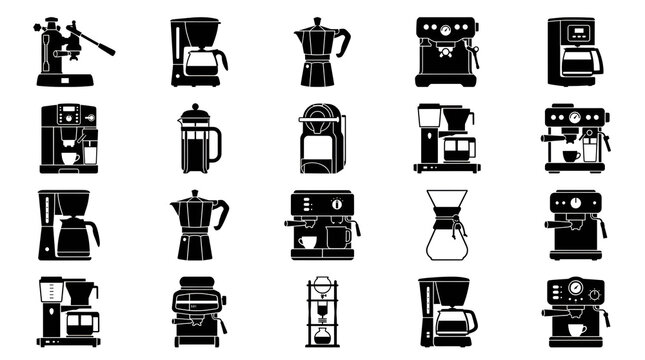 Collection of Espresso Machines and Drip Coffee Maker Silhouettes on White Background