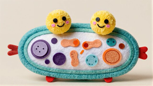 Two smiling yellow pom-poms atop a colorful, felt-cell toy with playful organelles.