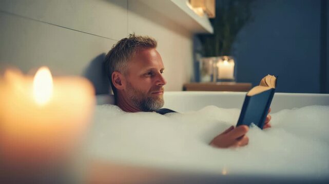 Bearded man reading book relaxing in bubble bath