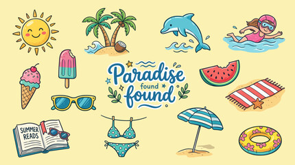 Obraz premium Paradise Found Tropical Summer Vacation Poster with Snorkeling Woman Dolphin Palm Trees Beach Accessories and Swimwear Vector