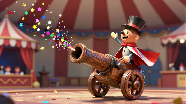 Circus magician shoots colorful stars from cannon, waving joyfully on stage.