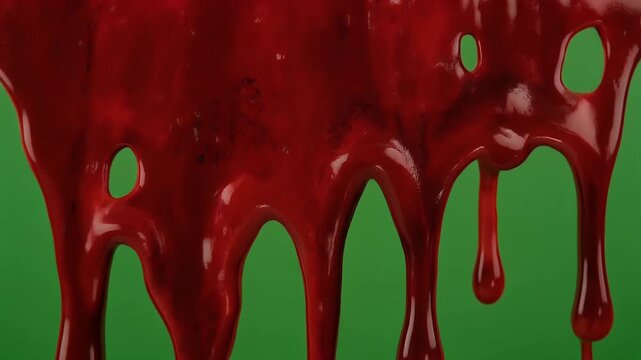 Viscous red liquid dripping down a green background.