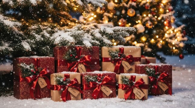 Merry Christmas Personalized Christmas gift boxes with name tags resting under glowing pine tree with red ribbons and lush winter snow background
