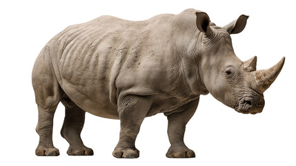 Large grey rhinoceros standing in profile with textured skin and sharp horns © Rufus