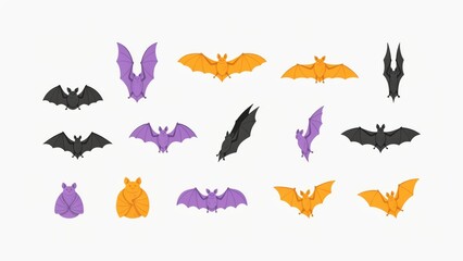 Fototapeta premium Set of cute cartoon Halloween bats in purple orange and black colors