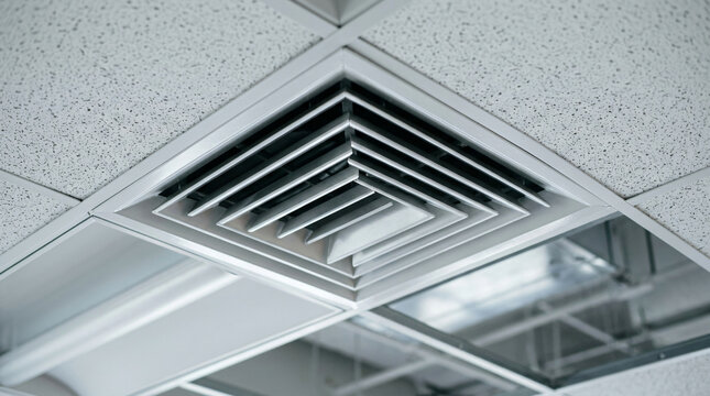 Commercial HVAC ceiling vent diffuser|Office building air conditioning ventilation|Suspended ceiling grid with square air diffuser|Industrial climate control vent detail