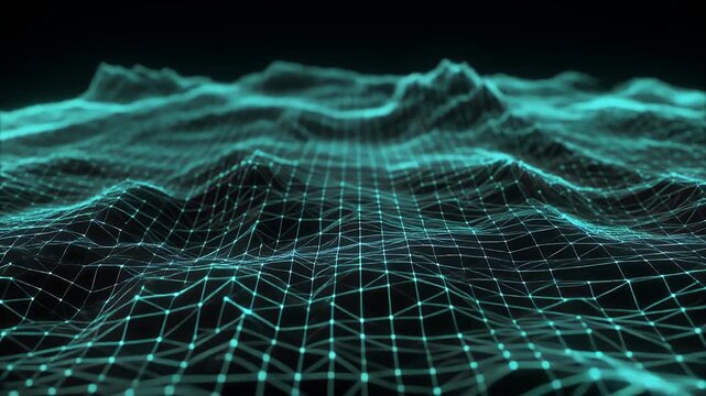A digital landscape with a glowing turquoise wireframe mesh.