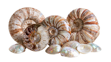 Polished ammonite fossils and iridescent nacreous seashell fragments © Rufus