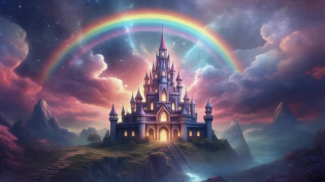 A majestic fairy tale castle bathed in the ethereal glow of a rainbow and starry sky.