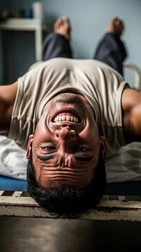 Medical patient agony: tetanus symptom, lockjaw condition, trismus grimace, opisthotonos posture, muscle spasm, facial contortion, body rigidity, jaw clench, nerve overstimulation.