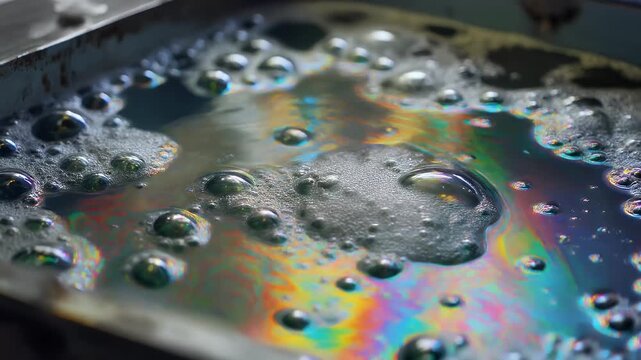 Close-up abstract view of soap bubbles and oil slick iridescence.