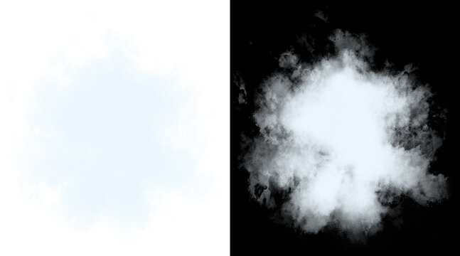Atmospheric white smoke puff on black background, ethereal cloud texture with alpha channel transparency, realistic steam and fog effect