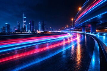 Fototapeta premium Dramatic light trails captured from cars moving through a dark, wet tunnel at night, creating a futuristic and dynamic motion blur effect. 