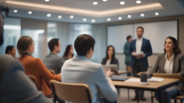 A group of professionals are engaged in a meeting, with one person presenting.