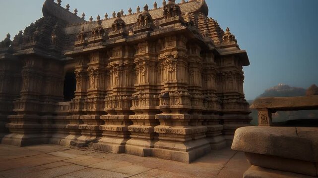 Intricately carved ancient stone temple facade.