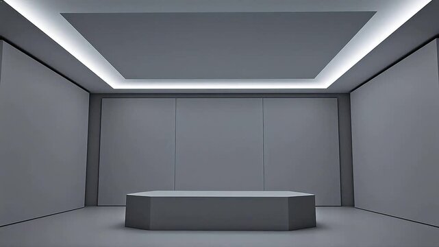 Modern minimalist interior with white walls and hexagonal platform
