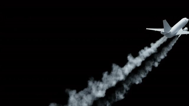 A commercial airplane flying through the sky, leaving a prominent contrail.