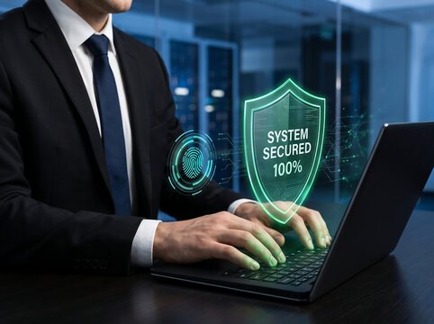 Modern information security concept showing protected laptop workflow with biometric scanning and transparent security shield