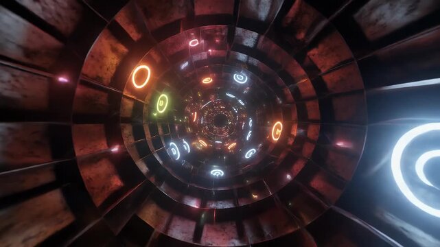 A futuristic tunnel with colorful glowing rings and metallic textures.