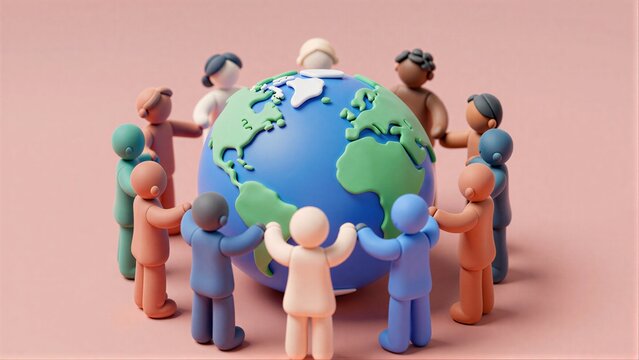 Diverse figurines surround a globe, symbolizing global unity and cooperation.
