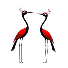 Fototapeta premium Elegant pair of stylized crane birds vector illustration featuring long-legged black storks with bright red wings and crested heads standing face to face. Perfect for St. Valentine's Day greeting card